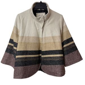 Billa Bong Open Cape Jacket Womens L Brown Striped Flannel Wool Blend 3/4 Sleeve